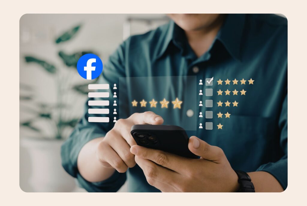 This image shows a person using a phone while a floating interface shows Facebook ratings and reviews with multiple five-star scores