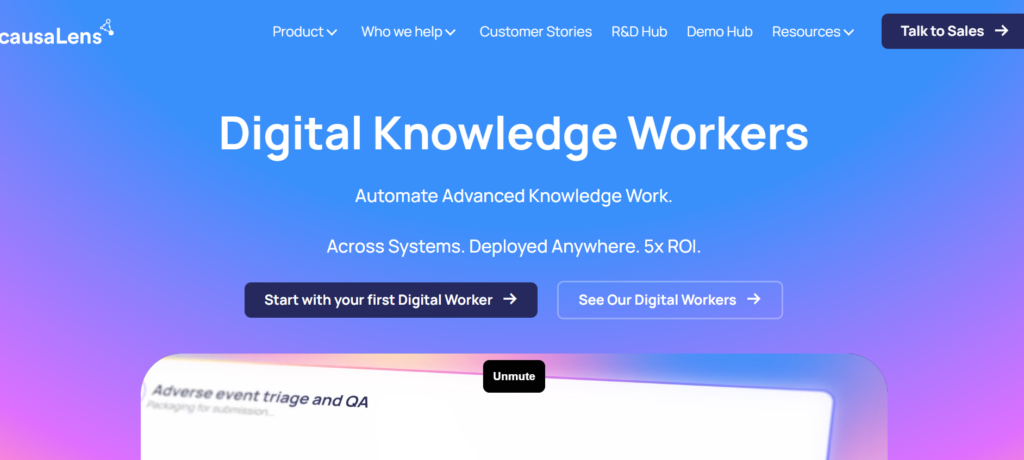 This image shows causaLens website promoting “Digital Knowledge Workers” on a blue‑to‑purple gradient background with CTAs to start with or see their digital workers.