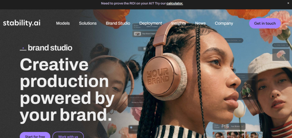 This image shows stability.ai Brand Studio hero showing “Creative production powered by your brand” over a vibrant lifestyle photo of people wearing branded headphones.