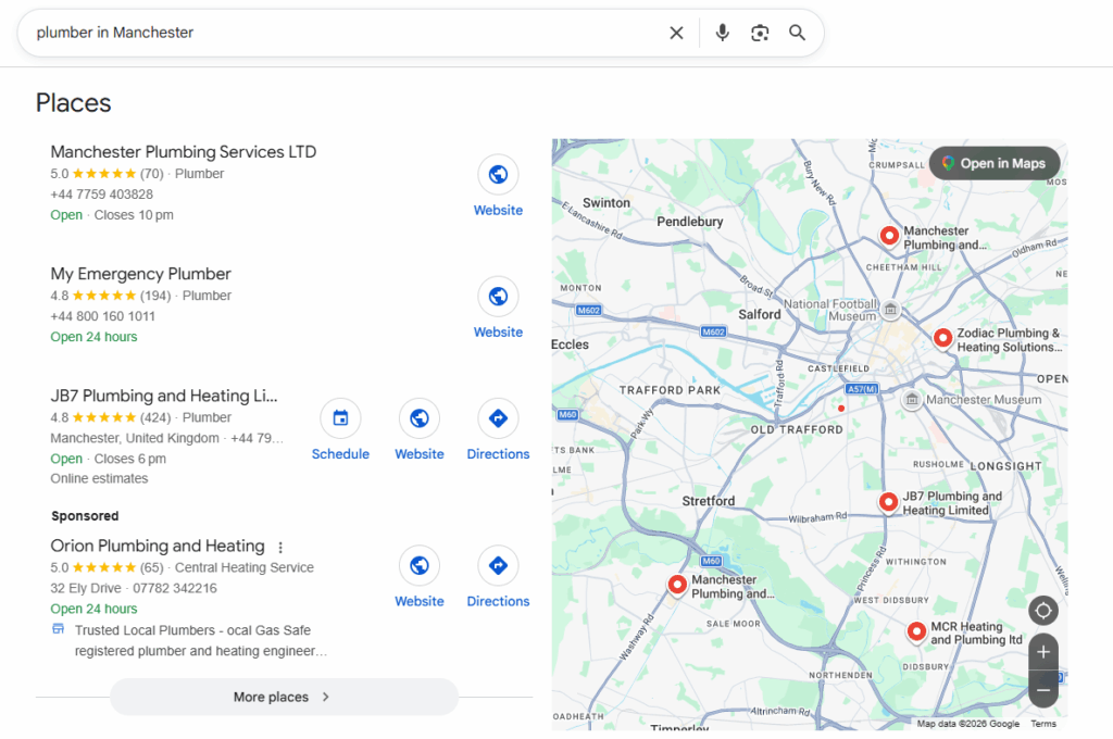 This image shows the Businesses pack screenshot for the search plumber in Manchester