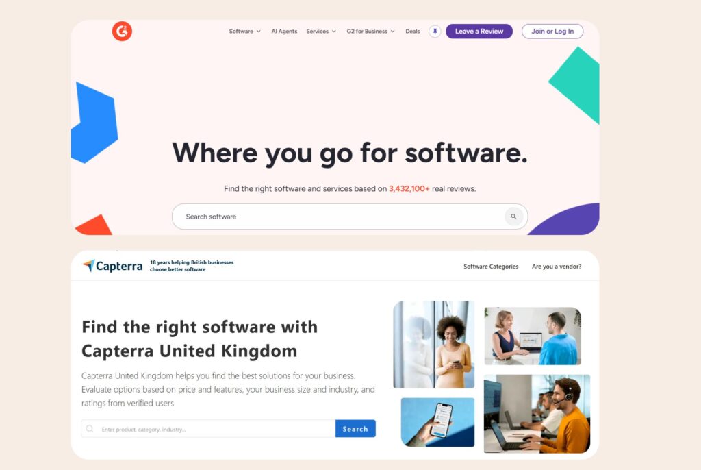 This image shows the G2 and Capterra UK homepages, both inviting users to search real software reviews to find the right tools.