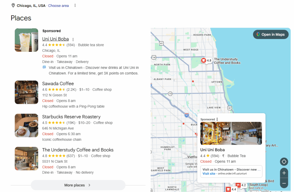 This image shows the Places pack screenshot for coffee shops near me