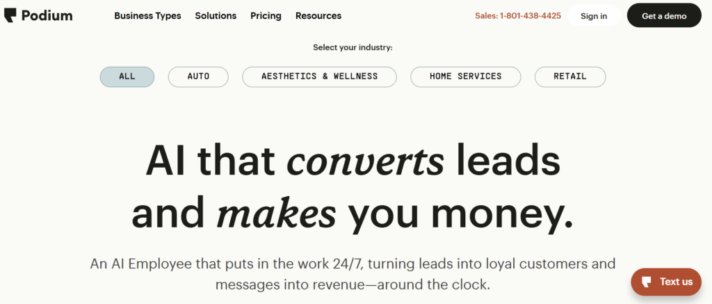 This image shows the Podium homepage for reviews, messaging, webchat, and AI-assisted customer communication.