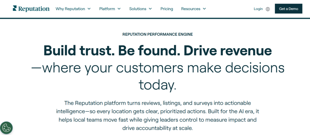 This image shows the Reputation homepage highlighting AI-powered reputation management, customer experience insights, and brand monitoring tools.