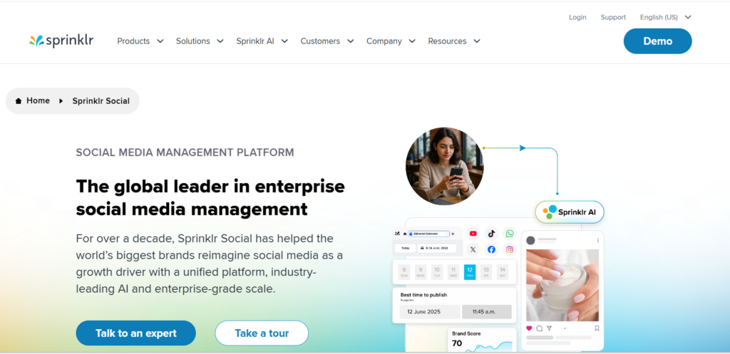 This image shows the Sprinklr Social dashboard with tools for social publishing, engagement, analytics, and AI-powered customer experience management across multiple social channels.