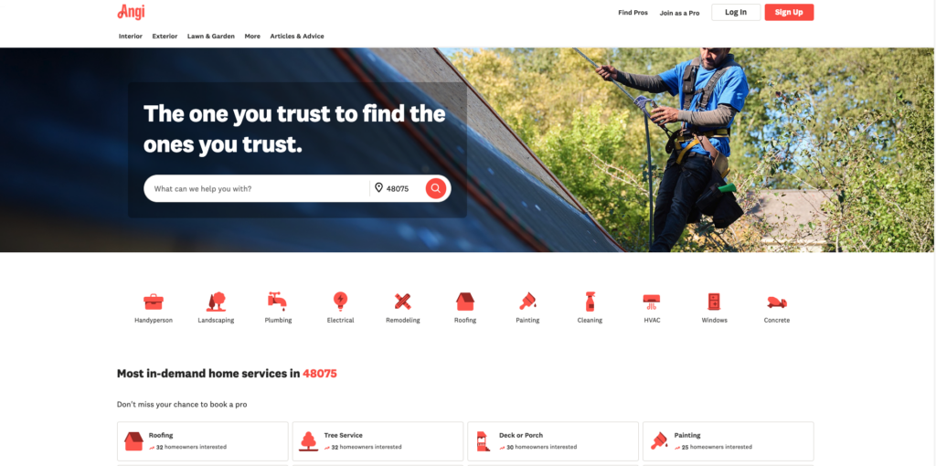 This image shows the homepage of Angi
