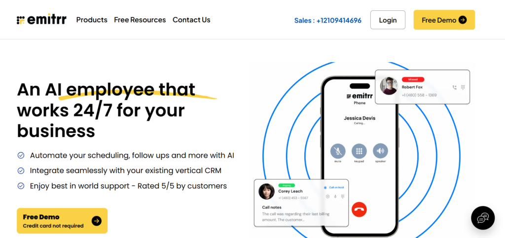 This image shows the homepage of Emitrr, a US-based customer engagement and reputation