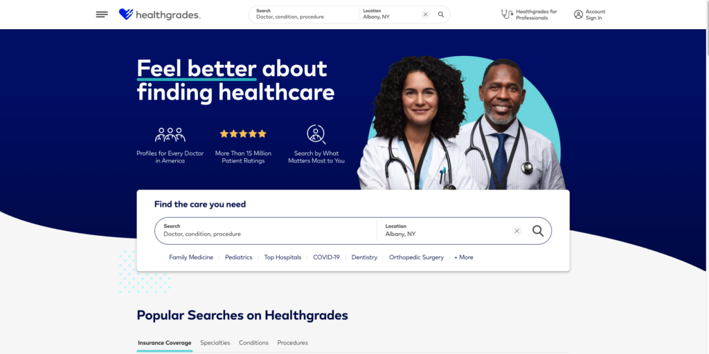 This image shows the homepage of Healthgrades