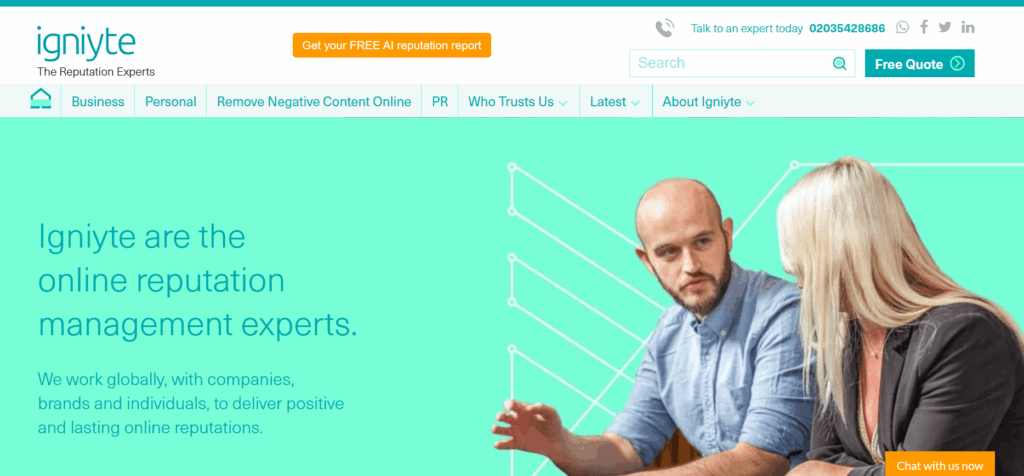 This image shows the website banner for an online reputation management company, Igniyte, featuring navigation, a bold tagline, and two people in discussion on a turquoise background.