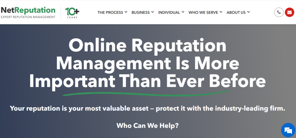 This image shows website banner for NetReputation highlighting the bold message “Online Reputation Management Is More Important Than Ever Before” with supporting navigation and contact icons.