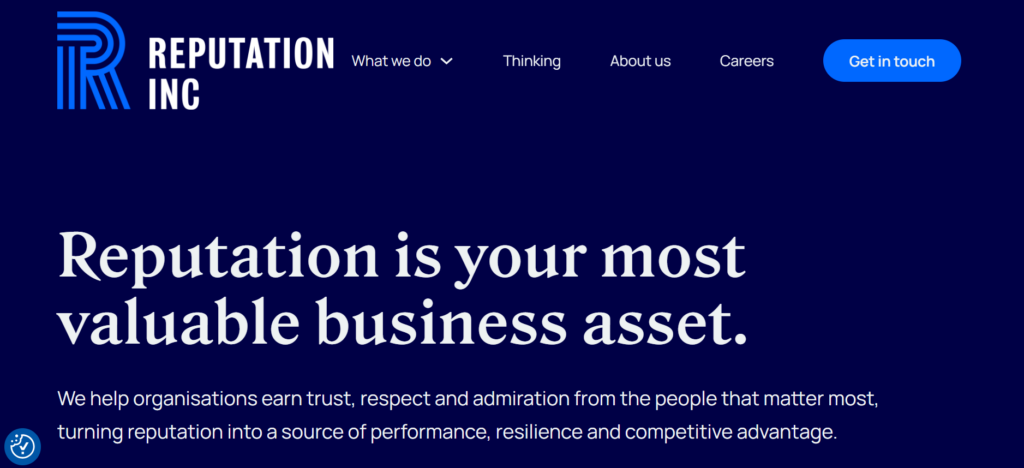 This image shows website section for Reputation Inc with bold white text stating “Reputation is your most valuable business asset” and a “Get in touch” call-to-action button.