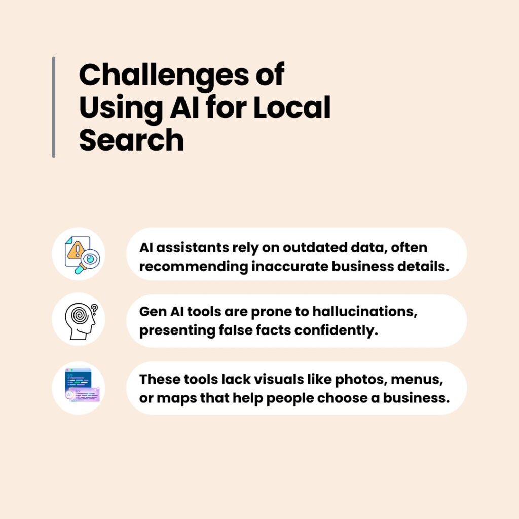 Birdeye infographic listing three challenges of using AI for local search including outdated data and lack of visuals.