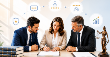 A clean editorial composition with a lawyer on one side and three or four abstract review cards gradually converging into one strong reputation signal.