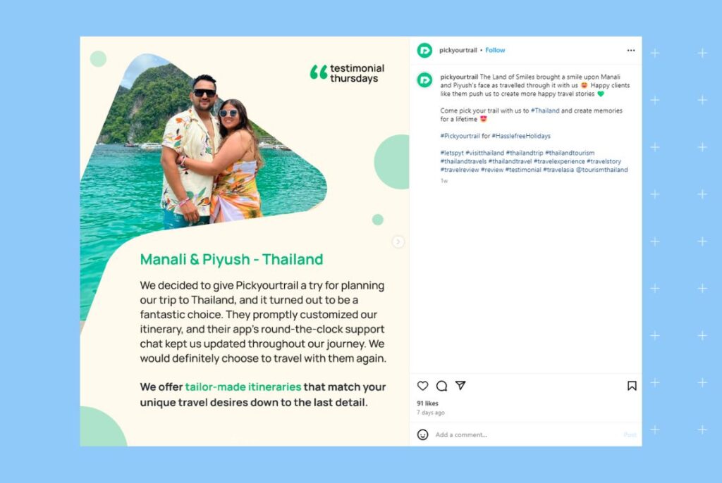 Example of a travel agency showcasing reviews on social media 