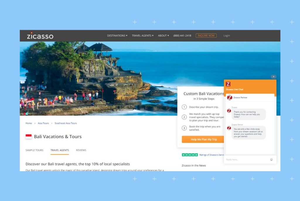 Example of a travel agency website that leverages reviews, webchat, and other such features. 