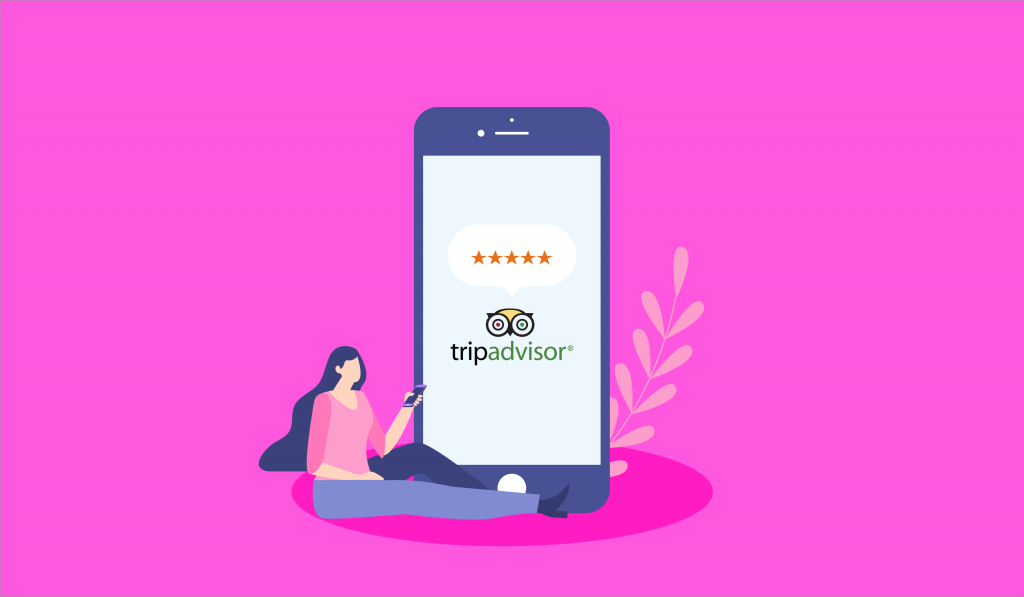 Graphic design of a women checking out TripAdvisor reviews on her mobile device.