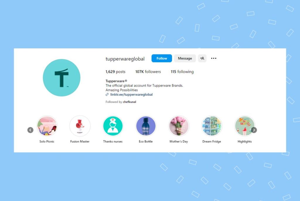 Image shows how Tupperware use Instagram highlights to showcase products 