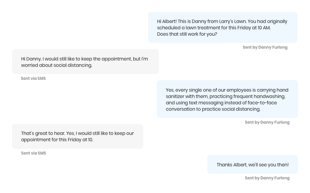 A text conversation showing how contractors are communicating during COVID-19.