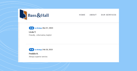 Customer reviews showcased on a company website.