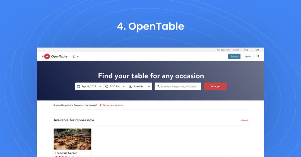 OpenTable home page