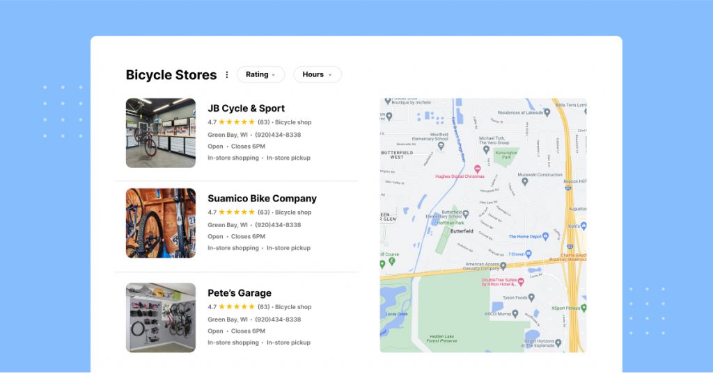 Example of search results for "bicycle stores near me"