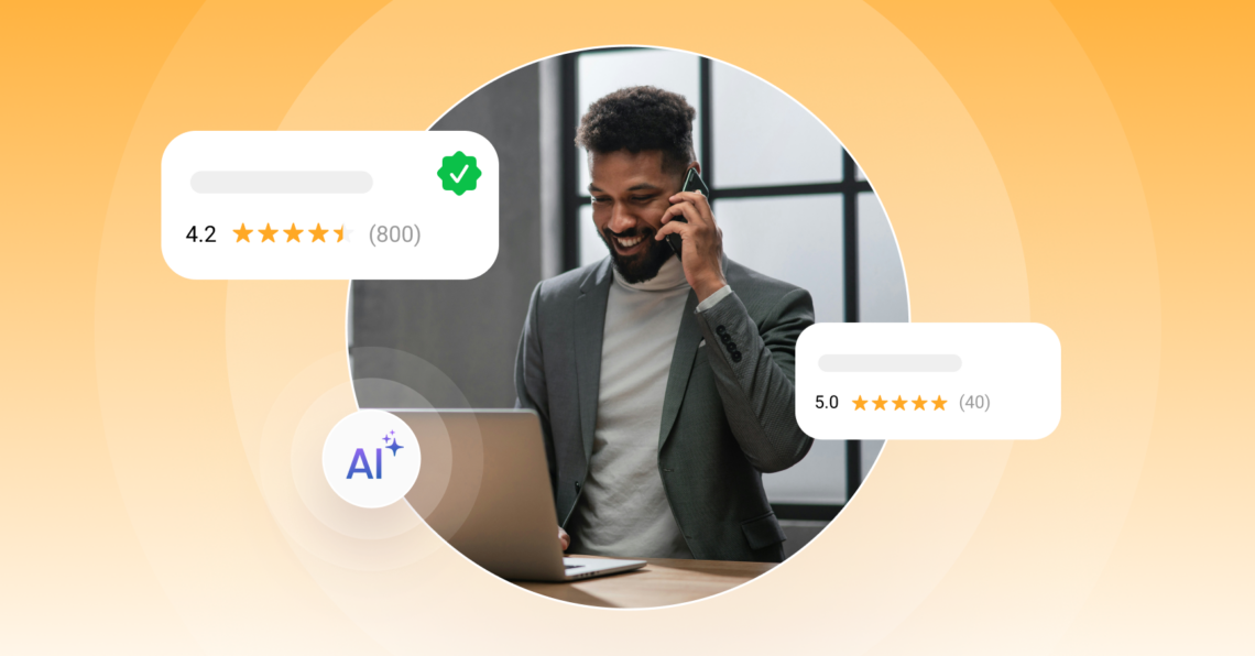 A man looking at a laptop with icons representing online reviews.