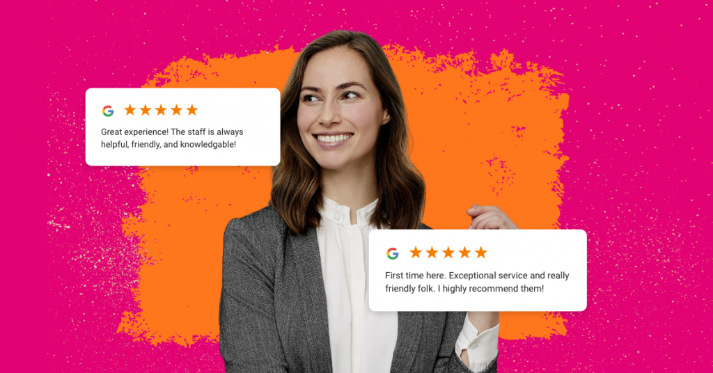 Meaning of stars in reviews - an image of a female professional with pop ups of customer reviews with 5 stars