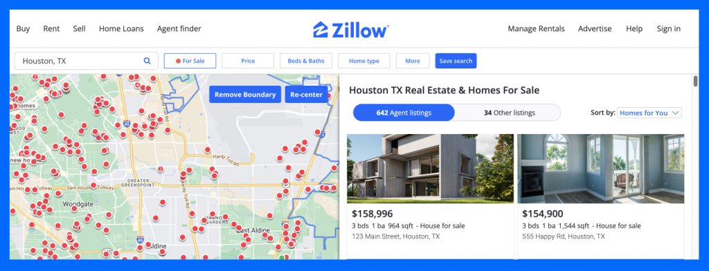 Zillow's home page search