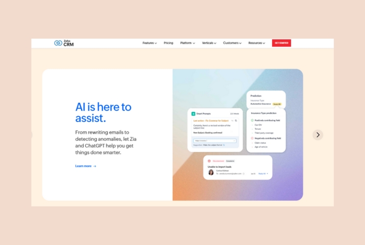 Image shows the landing page of Zoho CRM 