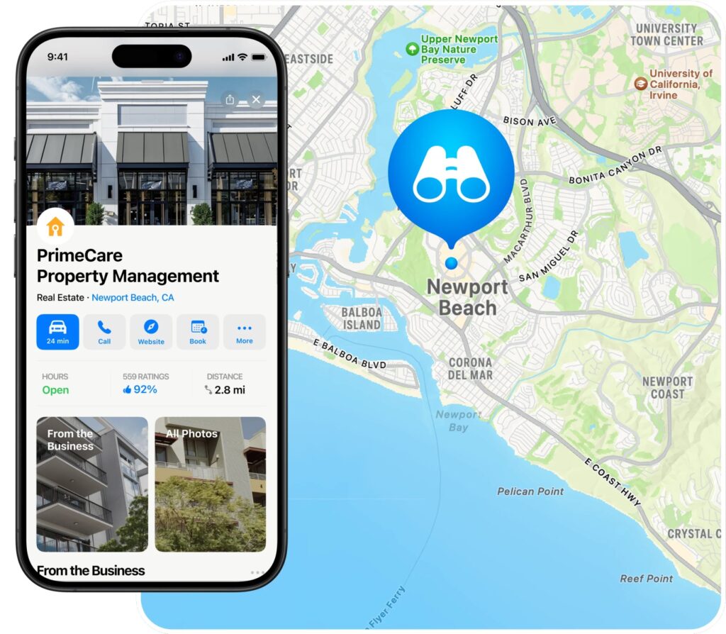 Birdeye Listings AI helps businesses optimize and manage location data before publishing to Apple Maps. The image shows an Apple Maps business profile for PrimeCare Property Management alongside a map view with a location marker, illustrating how optimized business information appears to customers on Apple Maps.
