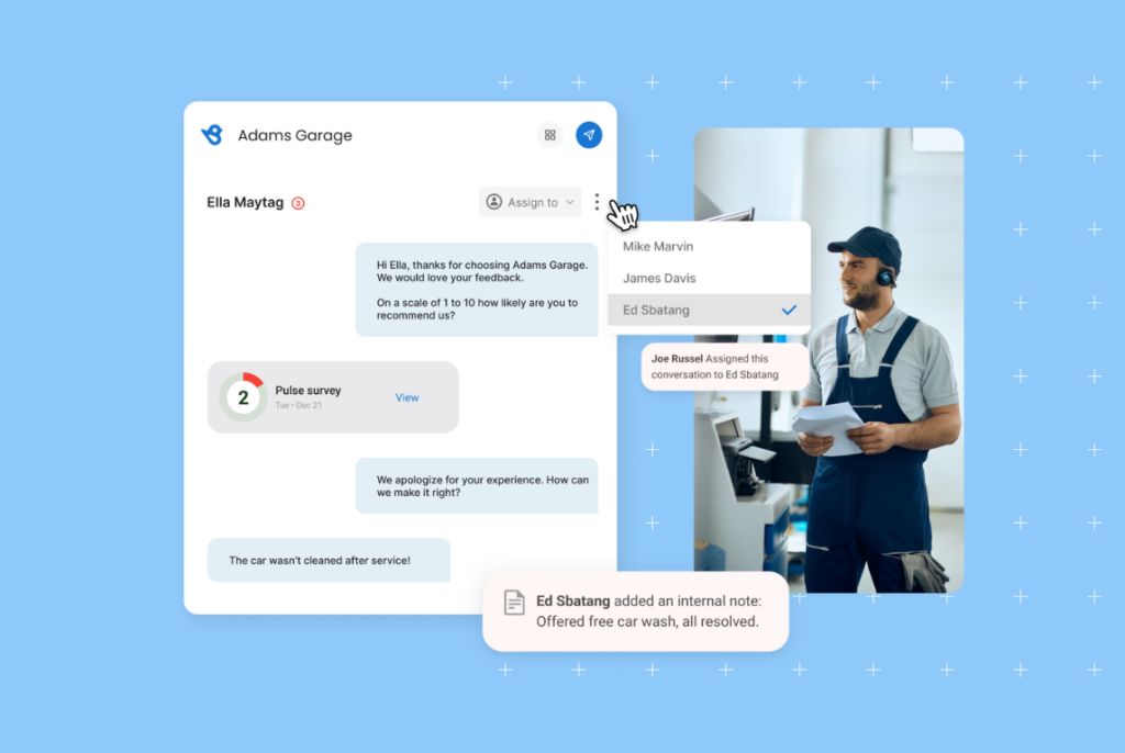 Example of how Birdeye helps brands handle negative survey responses via ticketing and internal messaging