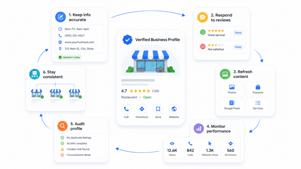 Workflow illustrating how to maintain a verified Google Business Profile by keeping business information accurate, responding to reviews, updating content, monitoring performance, auditing listings, and ensuring consistency.