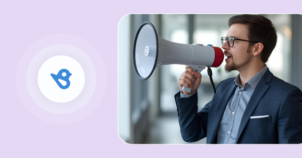 A man holding a loud speaker next to a Birdeye logo, representing customer advocacy at Birdeye.