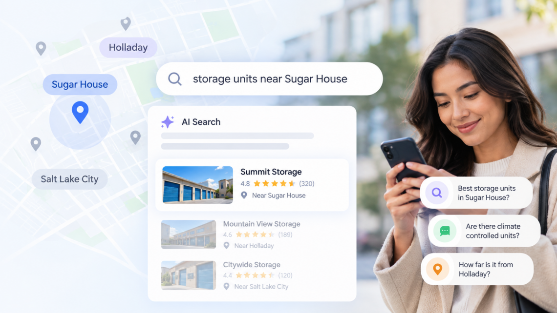 Infographic showing how local storage searches narrow from a broad geographic area to nearby facilities, where location relevance and customer ratings help businesses stand out.