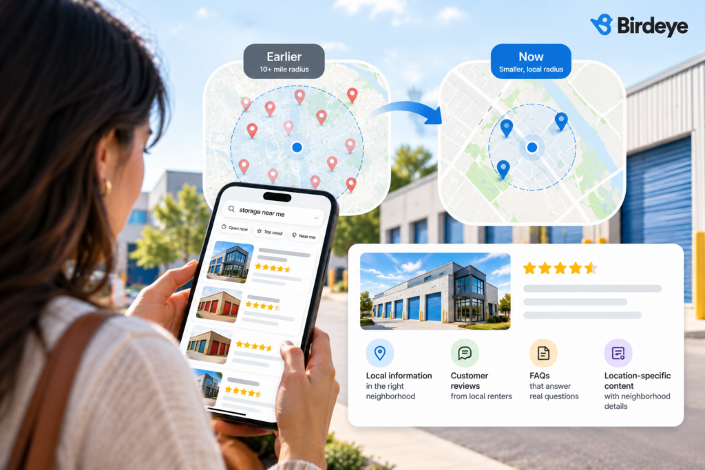 Infographic comparing broad self-storage searches with hyperlocal searches, showing how a smaller search radius and relevant local listings help customers find nearby facilities.