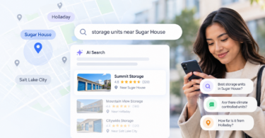Infographic showing how local storage searches narrow from a broad geographic area to nearby facilities, where location relevance and customer ratings help businesses stand out.