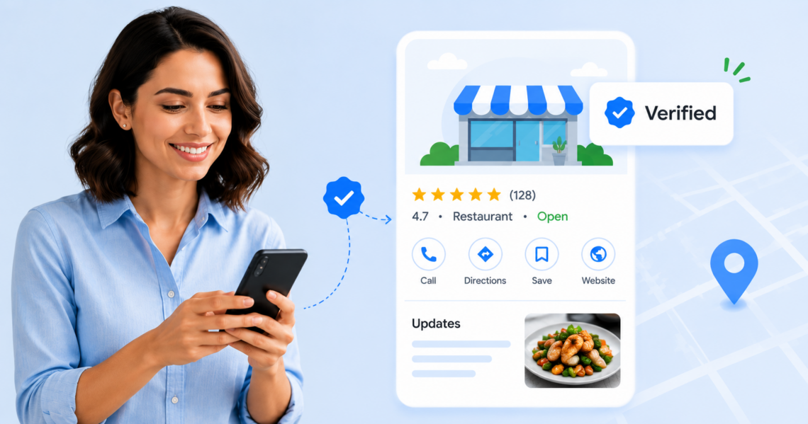 Business owner managing a verified Google Business Profile with Google verification badge, customer ratings, and local search listing visibility, illustrating how to verify a business on Google for improved local SEO and discoverability.