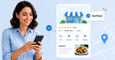 Business owner managing a verified Google Business Profile with Google verification badge, customer ratings, and local search listing visibility, illustrating how to verify a business on Google for improved local SEO and discoverability.
