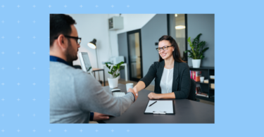 The image shows two people working together on business integrations