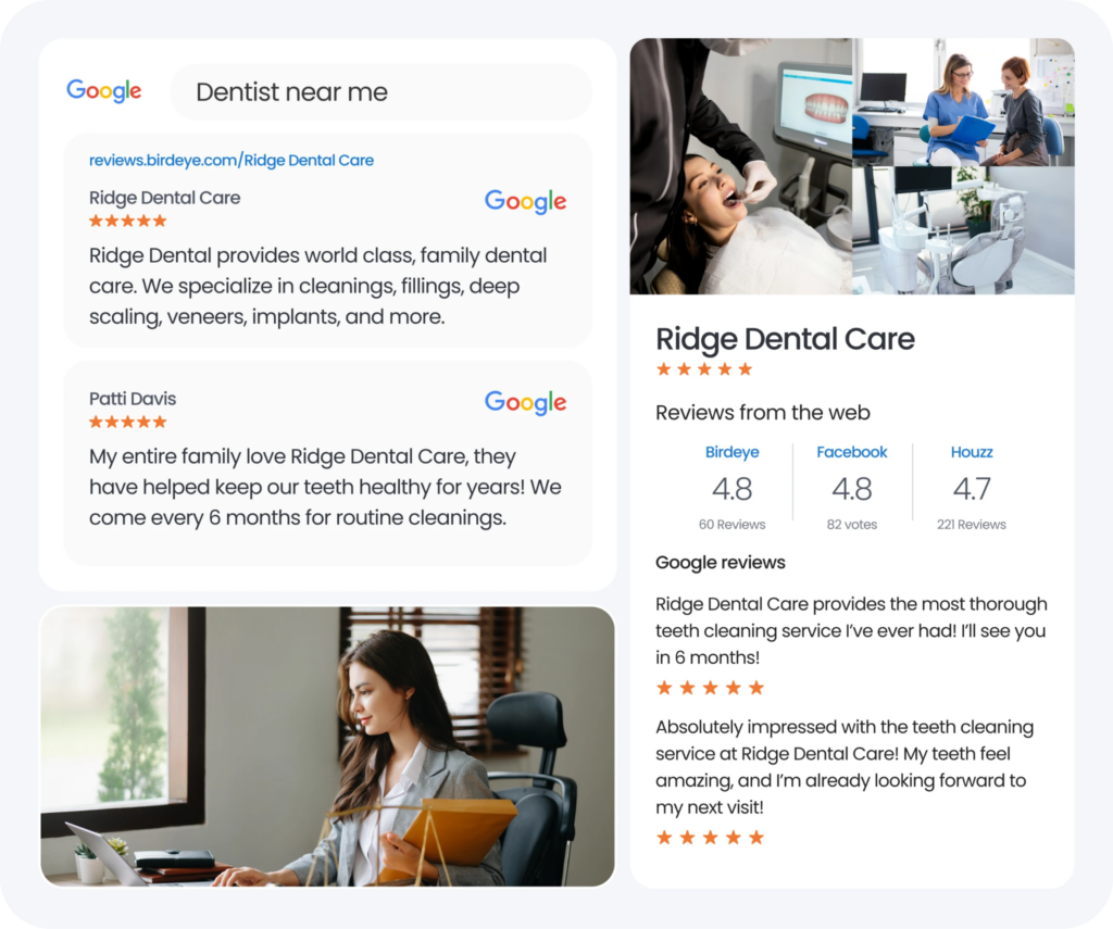 Birdeye Listings platform workflow showing how Listings Optimization Agent improve local SEO and patient acquisition.