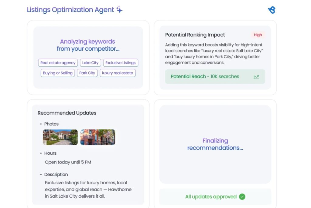 The image shows Birdeye’s Listings Optimization Agent analyzing competitor keywords and recommending listing updates to boost local ranking and reach.