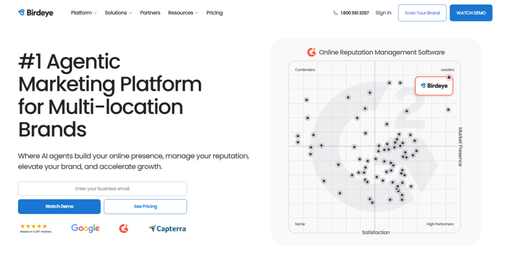 Birdeye homepage showing the tagline ‘#1 Agentic Marketing Platform for Multi-location Brands’ alongside a G2 quadrant chart highlighting Birdeye as a category leader.