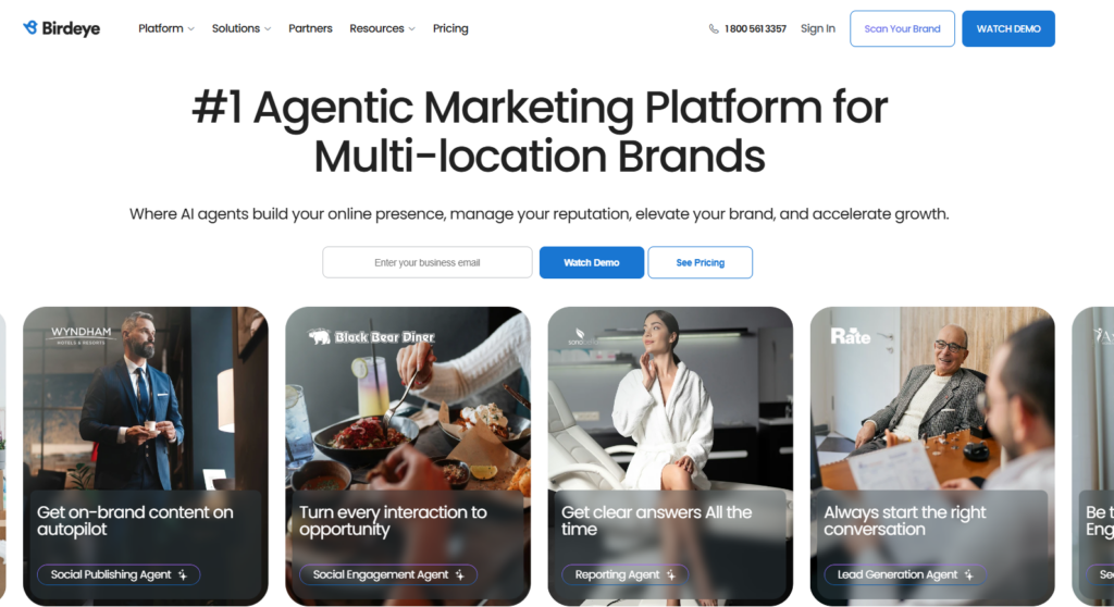 Birdeye homepage presenting an agentic marketing platform for multi-location brands with AI agents for social publishing, engagement, reporting, and lead generation.