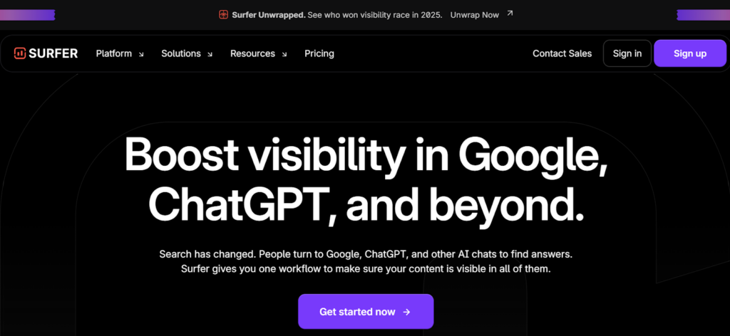 Surfer homepage highlighting AI-driven SEO visibility across Google, ChatGPT, and other AI search platforms with a unified content workflow.