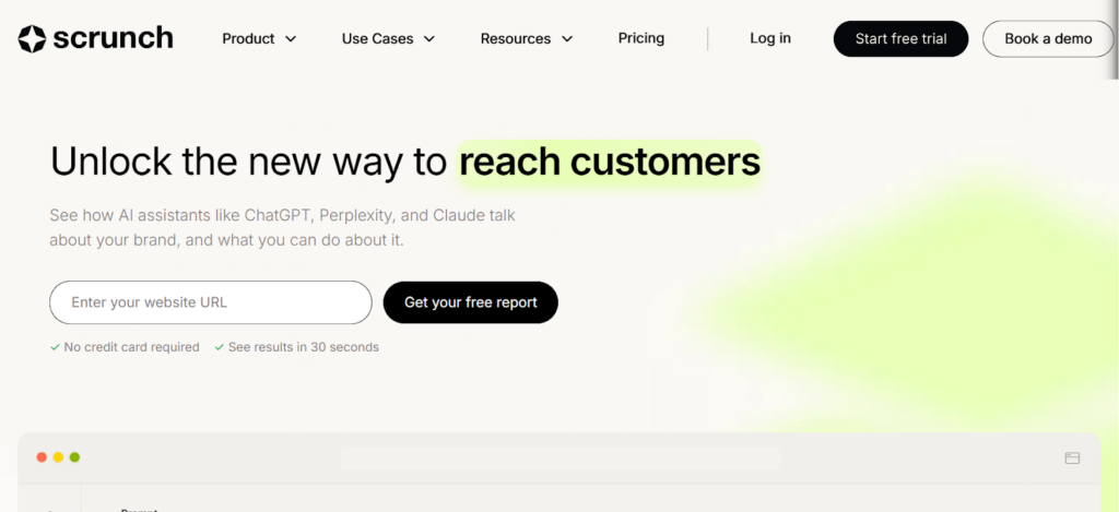 Scrunch platform homepage focused on monitoring how AI assistants like ChatGPT and Perplexity interpret and cite brand content