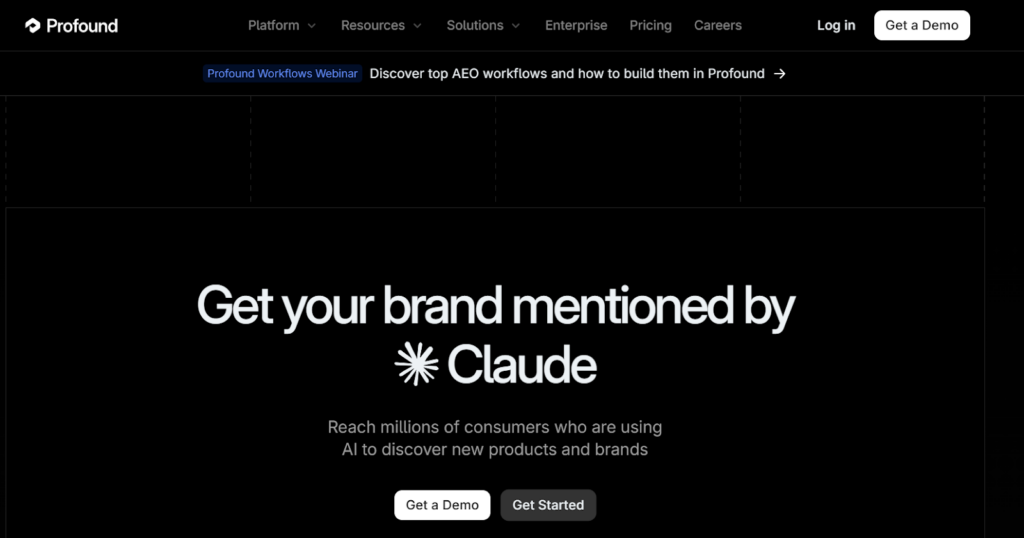 Profound AI visibility platform highlighting brand mentions and demand insights across AI-generated answers such as Claude