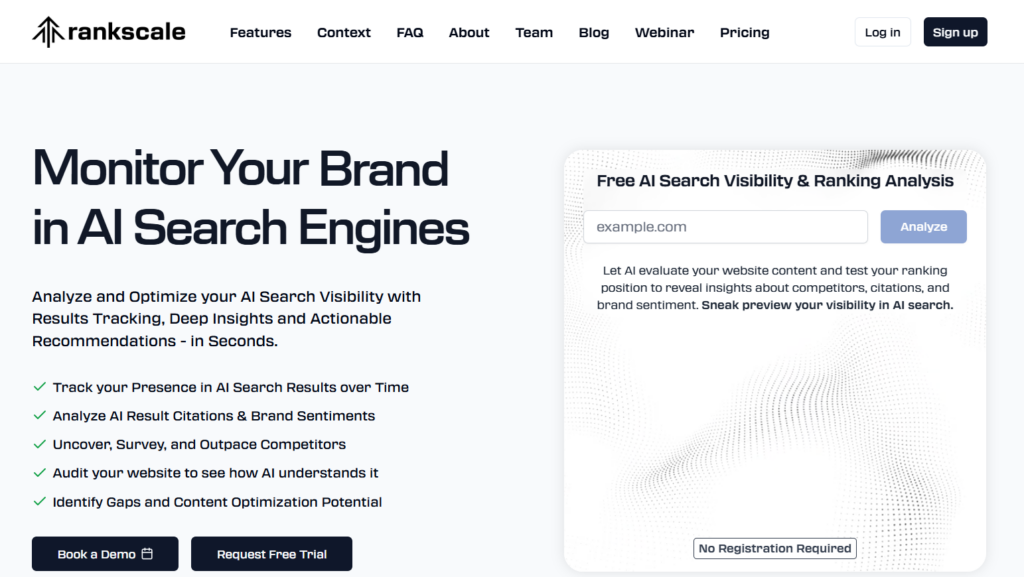 Rankscale AI search visibility tool displaying brand presence, citations, and sentiment tracking across AI-generated answers