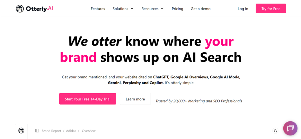 Otterly AI platform showing brand visibility tracking across AI search engines including ChatGPT, Google AI Overviews, and Perplexity