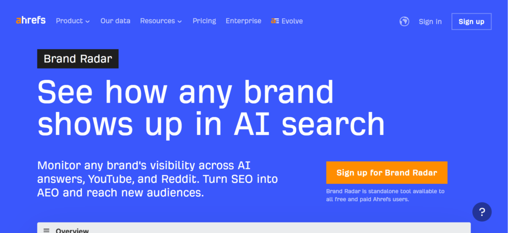 Ahrefs Brand Radar interface showing how brands appear across AI-generated answers, search results, and online content sources