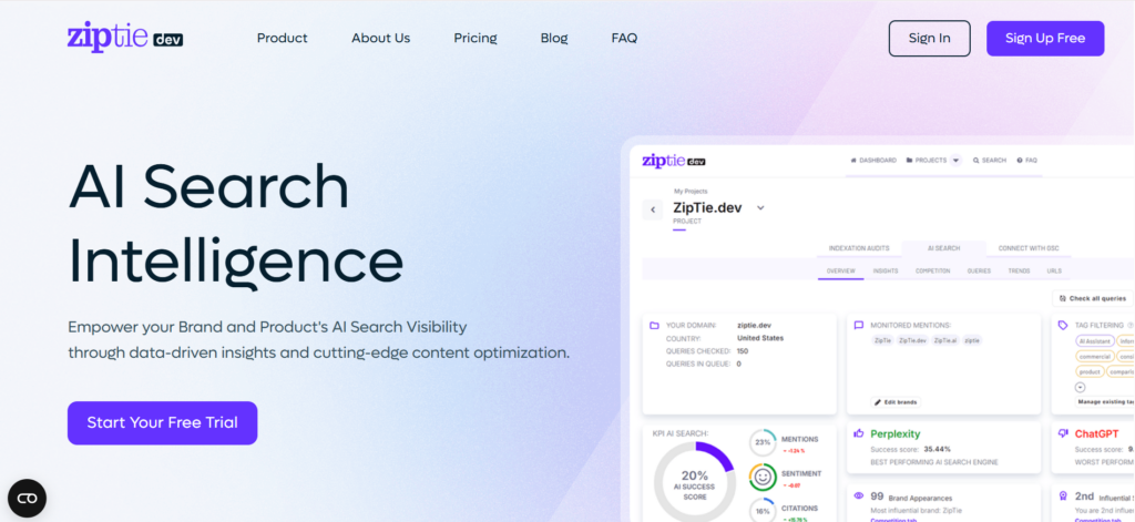 ZipTie AI search intelligence dashboard showing brand visibility, citations, and performance insights across AI-generated search answers